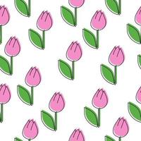 Nahtloses Muster aus rosa Doodle-Tulpen, zarte Blüten mit grünen Blättern auf weißem Hintergrund vektor