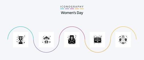 Womens Day Glyph 5 Icon Pack inklusive Achtermarsch. Portfolio. Frauentag. Büro. Fall vektor