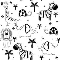vektorlineare zeichnung, eine reihe niedlicher kinderillustrationen afrikanische tiere, elefanten, löwen, giraffen, schildkröten und exotische palmen vektor
