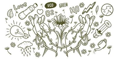 hand gezeichnet von save earth erneuerbare energien ökologie doodle set elemente. vektor