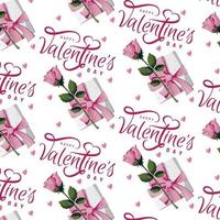 sömlös mönster med rosa rosor, löv, gåva låda, hjärtan. Lycklig hjärtans dag, romantik, kärlek begrepp. perfekt för produkt design, scrapbooking, textil, omslag papper. vektor