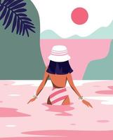 Vektorgrafik-Illustrationsdesign ein Mädchen ohne Gesicht in einem Bikini in der Natur im Urlaub schwimmt in einem See oder Meer helle Illustration rosa grün vektor