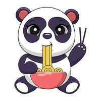 söt panda äta Ramen nudel vektor ikon illustration. panda maskot tecknad serie karaktär. djur- ikon begrepp vit isolerat. platt tecknad serie stil lämplig för webb landning sida, baner, flygblad, klistermärke, kort