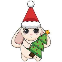 glad jul och Lycklig ny år med söt liten kanin santa claus röd hatt, godis sockerrör, gåva låda och jul träd. säsongens hälsningar kort. vektor tecknad serie illustration