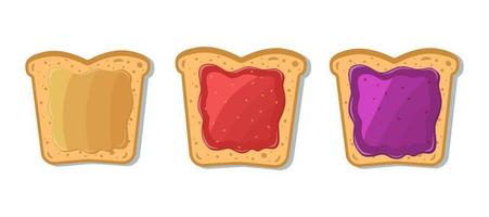 Satz Toast mit Marmelade und Erdnussbutter. Vektorillustration im Cartoon-Stil. vektor