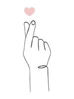 kontinuerlig ett linje teckning med hand och hjärta. koreanska hjärta dragen förbi fingrar.vektor illustration. svart linje konst på vit bakgrund. vektor