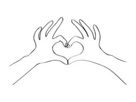 kontinuerlig ett linje teckning med hand och hjärta. två händer framställning hjärta. vektor illustration. svart linje konst på vit bakgrund.