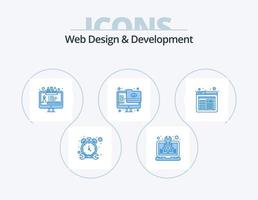 Webdesign und -entwicklung blaues Icon-Pack 5 Icon-Design. Browser. Monitor. Laptop. Mappe. Werkzeug bearbeiten vektor