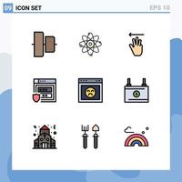 9 thematische Vektor-Fülllinien-Flachfarben und bearbeitbare Symbole des Seitenbrowsers Handcursor-Speicherschutz bearbeitbare Vektordesign-Elemente vektor