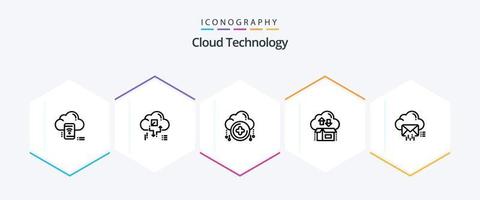 Cloud-Technologie 25-Zeilen-Icon-Pack inklusive Paket. Wolke. Pfeil. Kasten. Neu vektor