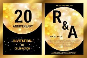 20 Jahre Jubiläum Vektor schwarz Papier Luxus Einladung Doppelkarte. Broschüre zur Hochzeitsfeier. Einladungsvorlage zum Drucken von schwarzem und goldenem Hintergrund