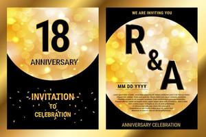 18 Jahre Jubiläum Vektor schwarz Papier Luxus Einladung Doppelkarte. Broschüre zur Hochzeitsfeier. Einladungsvorlage zum Drucken von schwarzem und goldenem Hintergrund