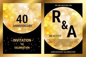40 Jahre Jubiläum Vektor schwarz Papier Luxus Einladung Doppelkarte. Broschüre zur Hochzeitsfeier. Einladungsvorlage zum Drucken von schwarzem und goldenem Hintergrund