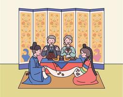 die braut und der bräutigam bei einem traditionellen koreanischen hochzeitsempfang. Eltern feiern. Im Hintergrund befindet sich ein Faltbildschirm. vektor