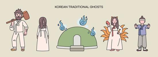 Eine Sammlung koreanischer Geisterfiguren. Kobold, jungfräulicher Geist, Koboldfeuer, Gumiho, Eigesichtsgeist. vektor