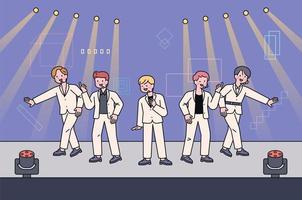 Ein Boygroup-Idol tritt auf einer schicken Bühne auf. Sie tanzen und singen auf der Bühne. vektor
