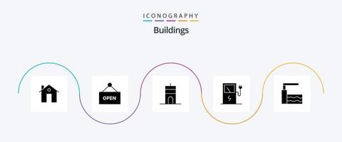 byggnader glyf 5 ikon packa Inklusive vatten. slå samman. antenn. station. avgift vektor