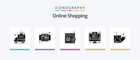 Online-Shopping Glyph 5 Icon Pack inklusive Tasche. aufführen. Aussicht. Lieblings. Einkaufen. kreatives Symboldesign vektor