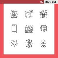 Stock Vector Icon Pack mit 9 Zeilen Zeichen und Symbolen für Business Smartphone Laborring Kontakt editierbare Vektordesign-Elemente