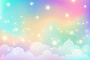 Regenbogen-Einhorn-Hintergrund mit Wolken und Sternen. Pastellfarbener Himmel. magische landschaft, abstraktes fabelhaftes muster. süße Süßigkeiten-Tapete. Vektor. vektor