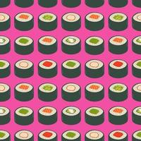 Sushi rollt nahtloses Muster Japan asiatisches Essen Vektordesign isoliert auf buntem Hintergrund. Vektor-Illustration