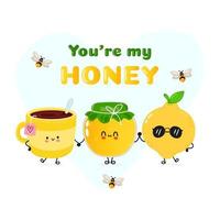 söt Lycklig honung kopp av te och citron- kort. vektor hand dragen klotter stil tecknad serie karaktär illustration ikon design. Lycklig honung kopp av te och citron- vänner begrepp kort