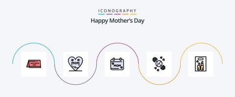 Lycklig mödrar dag linje fylld platt 5 ikon packa Inklusive kosmetika. läppstift. kalender. timer. Kolla på vektor