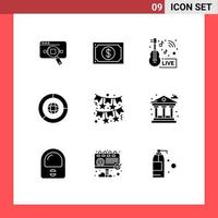 Gruppe von 9 soliden Glyphenzeichen und Symbolen für Business-Live-Geld-Rundfunk-Musiknachrichten editierbare Vektordesign-Elemente vektor