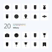 20 militärische solide Glyphen-Icon-Packs wie Rangabzeichen Tube Diamonds Insignia vektor