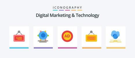 digitales Marketing und Technologie Flat 5 Icon Pack inklusive Marketing. offen. Werbeblock. unterzeichnen. Marketing. kreatives Symboldesign vektor