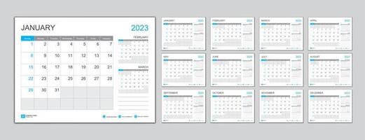 en gång i månaden kalender mall för 2023 år, planerare 2023 år, vecka börjar på söndag. vägg kalender i en minimalistisk stil, skrivbord kalender 2023 mall, ny år kalender design, företag mall vektor