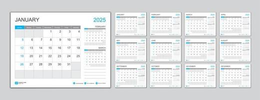 Monatskalendervorlage für 2025 Jahr, Planer 2025 Jahr, Woche beginnt am Sonntag. Wandkalender im minimalistischen Stil, Vorlage für den Tischkalender 2025, Kalenderdesign für das neue Jahr, Vektor für Geschäftsvorlagen