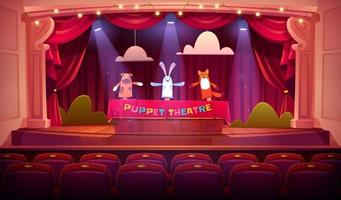 marionett visa på teater skede med röd gardiner vektor