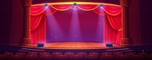 leere theaterbühne mit roten vorhängen, scheinwerfern vektor