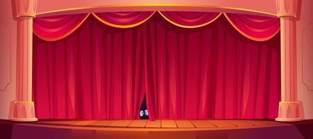Augen blicken auf den roten Vorhang auf der Theaterbühne, Vektor