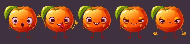 söt orange tecknad serie frukt karaktär ansikte emoji uppsättning vektor