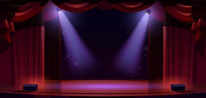 theaterbühne mit scheinwerfern, roten vorhängen, boden vektor