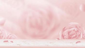 vägg visa av rosa marmor hylla med suddigt engelsk reste sig bakgrund, vektor 3d studio scen med suddigt vår blomma, söt rosa pastell bakgrund baner för skönhet produkt, mamma dag, alla hjärtans dag dag