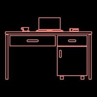 Neon-Desktop mit Laptop-Telefon und Teebecher-Business-Zeug auf dem flachen Stil des roten Farbvektor-Illustrationsbildes des Tisches vektor