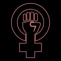 neonsymbol der feminismusbewegung geschlechtsfrauen widerstehen fausthand in rundem und rotem farbvektorillustrationsbild im flachen stil vektor