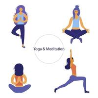 Mädchen meditieren und machen Yoga-Sets. flacher Vektor