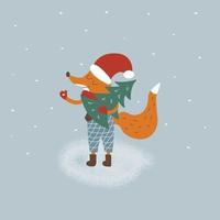 fuchs trägt weihnachtsbaum in pfoten. Vektor-Cartoon vektor
