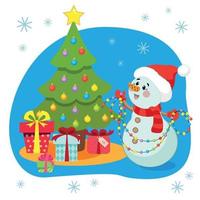 illustration. en söt snögubbe dekorerar de jul träd med en krans. vektor