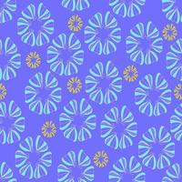 nahtloses muster mit abstrakter blauer und gelber blume, einfache blumenillustration, bunter druck für tapeten und textilien, banner, cover und innenarchitektur, stoff, grußkarte, violetter hintergrund vektor