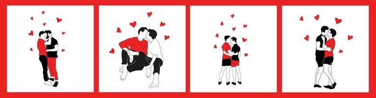 uppsättning av fyra manlig tecken ser på varje Övrig. bögar par i kärlek. begrepp ömhet och passion. HBTQ romantisk relation vektor
