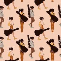 sömlös mönster med uppsättning tonåring flicka med gitarr fall. vektor illustration. anime stil