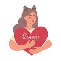 söt flicka kramar en röd hjärta med de inskrift förlåt. ursäktande tecken. vektor illustration