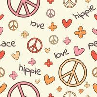 Nahtloses Muster im Hippie-Stil mit Herzen, Friedenssymbolen, Blumen und Text Liebe, Hippie, Frieden auf beigem Hintergrund vektor