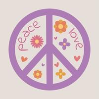 Symbol, Aufkleber im Hippie-Stil mit violettem Peace-Zeichen, Text Frieden, Liebe und Blumen und Herzen auf beigem Hintergrund. Retro-Stil vektor