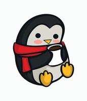 söt pingvin med röd scarf och kopp av varm dryck. vektor illustration. bild av jul pingvin isolerat på vit bakgrund. festlig design element för tematiska design